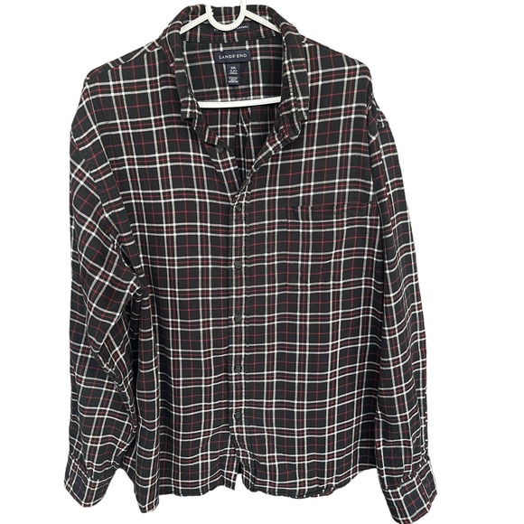 Lands End Flannel Shirt Mens XXL 2X Black Red Button Up Portuguese Flannel - Picture 1 of 9